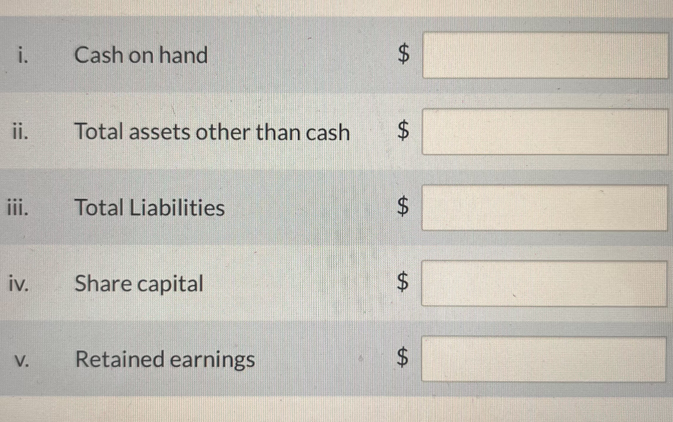 i. ii. iii. iv. V. Cash on hand Total assets other than cash Total Liabilities Share capital Retained