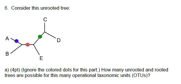 6. Consider this unrooted tree: A B C D E a) (4pt) (Ignore the colored dots for this part.) How many unrooted