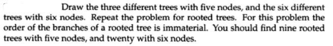 Draw the three different trees with five nodes, and the six different trees with six nodes. Repeat the