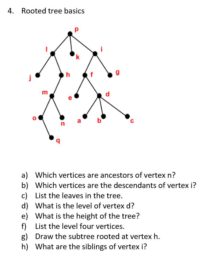 4. Rooted tree basics m q h n  a b d 6 C a) Which vertices are ancestors of vertex n? b) Which vertices are