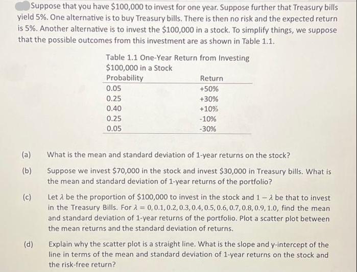 Suppose that you have $100,000 to invest for one year. Suppose further that Treasury bills yield 5%. One