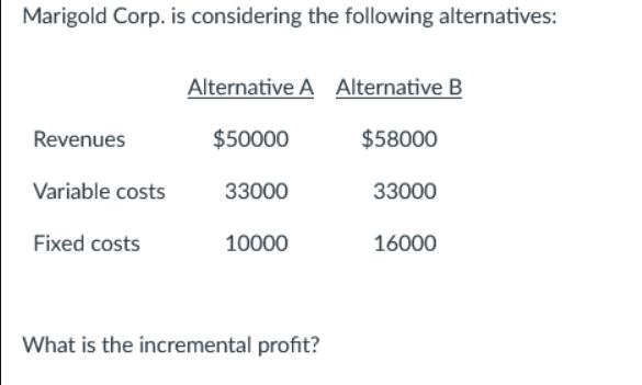 Marigold Corp. is considering the following alternatives: Revenues Variable costs Fixed costs Alternative A