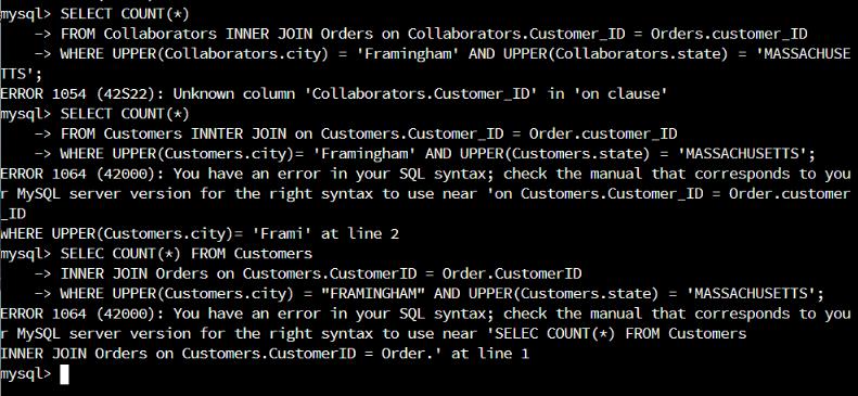 mysql> SELECT COUNT(*) -> FROM Collaborators INNER JOIN Orders on Collaborators.Customer_ID =
