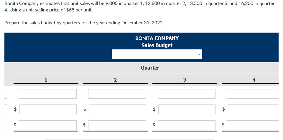 Bonita Company estimates that unit sales will be 9,000 in quarter 1, 12,600 in quarter 2, 13,500 in quarter