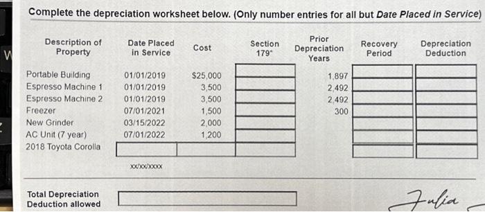 W Complete the depreciation worksheet below. (Only number entries for all but Date Placed in Service) Prior