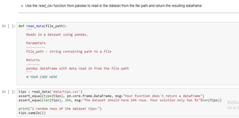 Use the read_csv function from pandas to read in the dataset from the file path and return the resulting