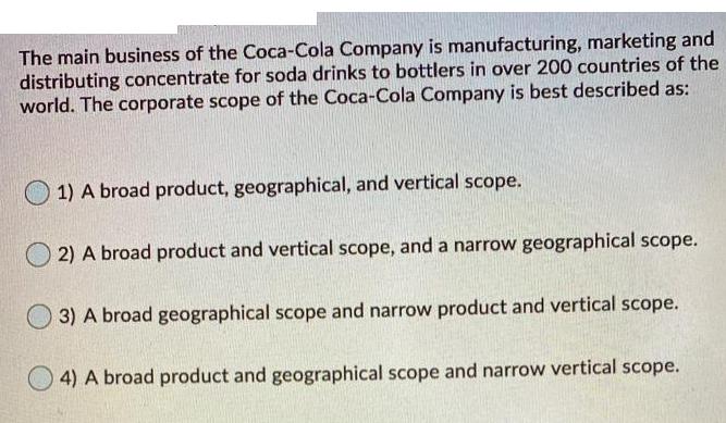 The main business of the Coca-Cola Company is manufacturing, marketing and distributing concentrate for soda