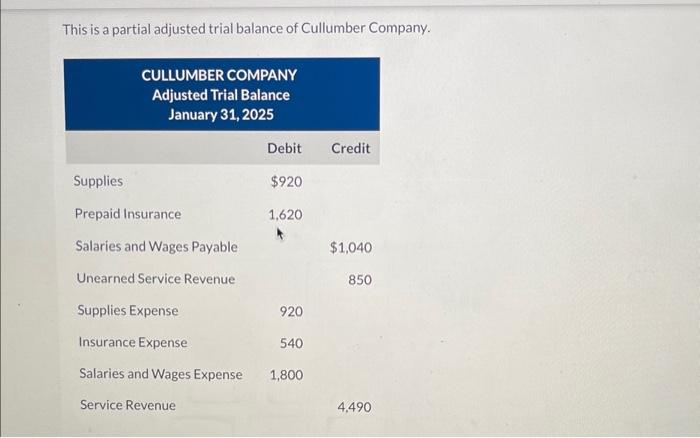 This is a partial adjusted trial balance of Cullumber Company. CULLUMBER COMPANY Adjusted Trial Balance