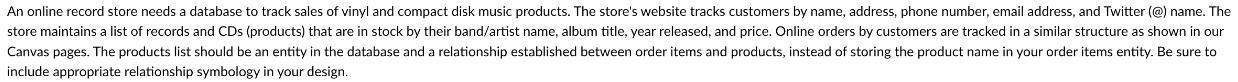 An online record store needs a database to track sales of vinyl and compact disk music products. The store's