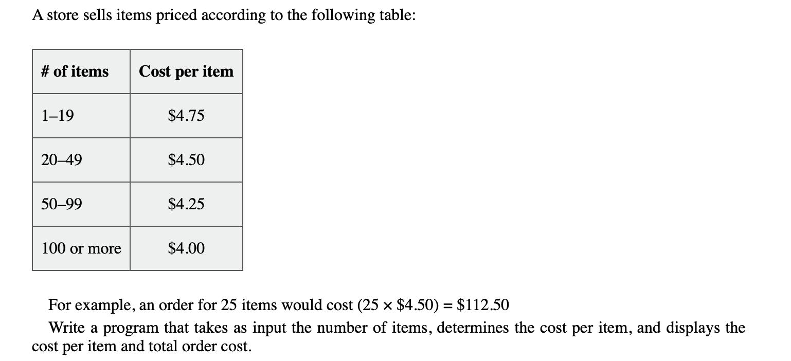 A store sells items priced according to the following table: # of items 1-19 20-49 50-99 100 or more Cost per
