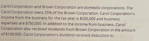 Carol Corporation and Brown Corporation are domestic corporations. The Carol Corporation owns 25% of the