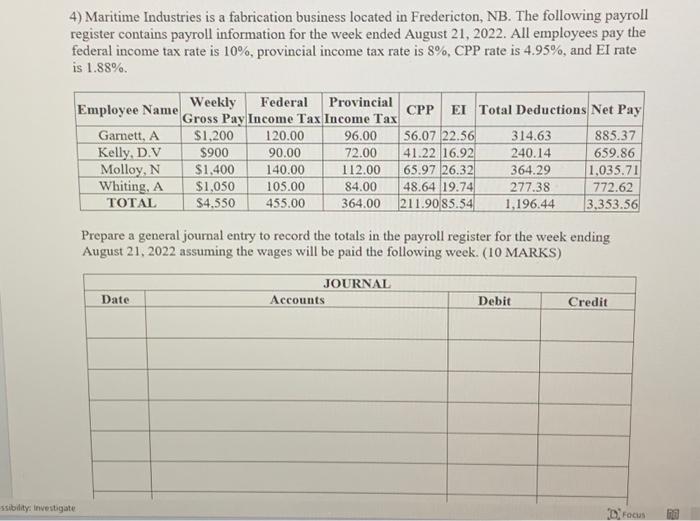 4) Maritime Industries is a fabrication business located in Fredericton, NB. The following payroll register