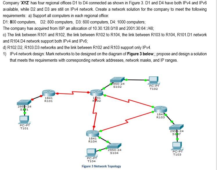 Company XYZ' has four regional offices D1 to D4 connected as shown in Figure 3. D1 and D4 have both IPv4 and