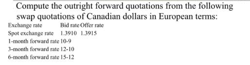 Compute the outright forward quotations from the following swap quotations of Canadian dollars in European