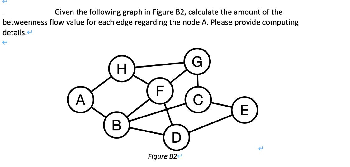 Given the following graph in Figure B2, calculate the amount of the betweenness flow value for each edge