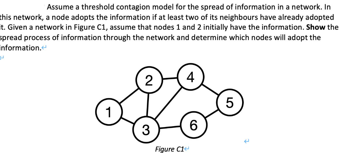 Assume a threshold contagion model for the spread of information in a network. In this network, a node adopts