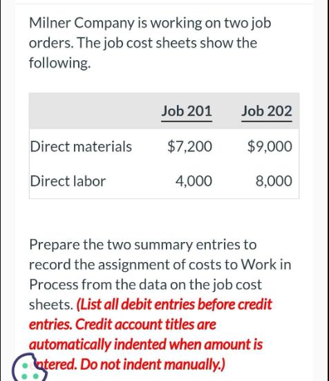 Milner Company is working on two job orders. The job cost sheets show the following. Direct materials Direct