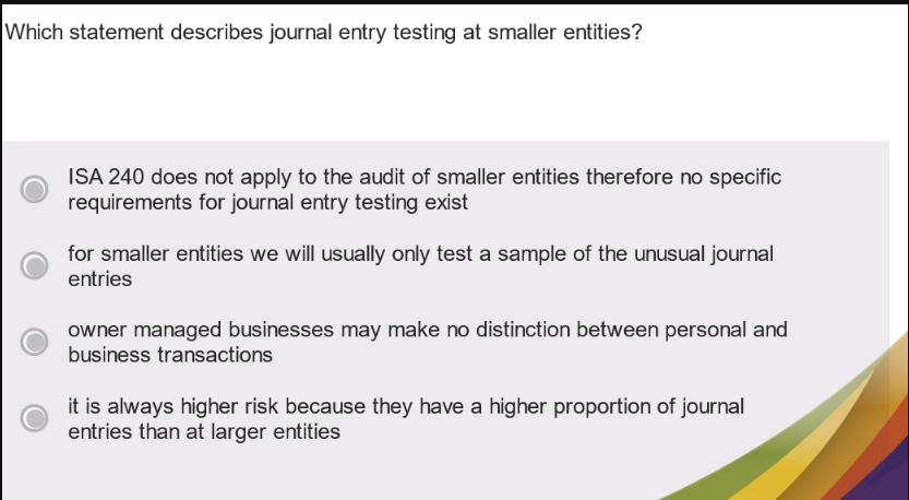 Which statement describes journal entry testing at smaller entities? ISA 240 does not apply to the audit of