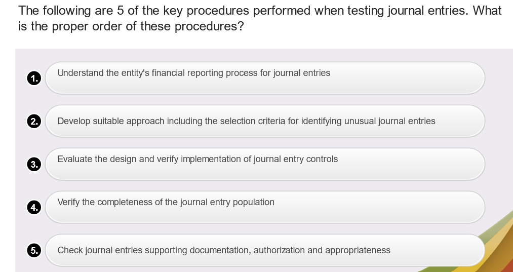 The following are 5 of the key procedures performed when testing journal entries. What is the proper order of