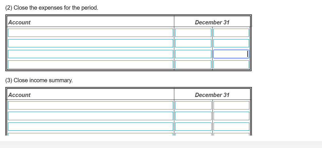 (2) Close the expenses for the period. Account (3) Close income summary. Account December 31 December 31