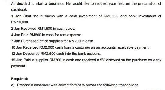 Ali decided to start a business. He would like to request your help on the preparation of cashbook. 1 Jan