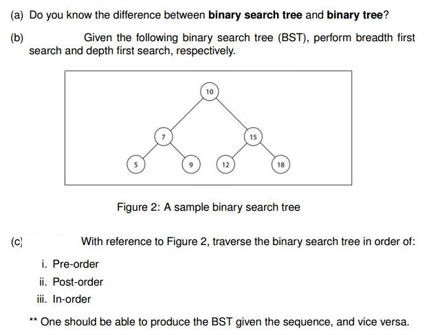 (a) Do you know the difference between binary search tree and binary tree? (b) Given the following binary