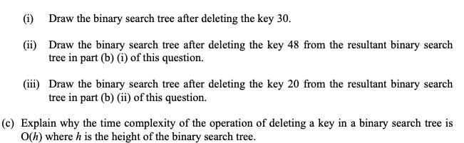 (i) Draw the binary search tree after deleting the key 30. (ii) Draw the binary search tree after deleting