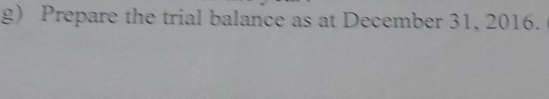 g) Prepare the trial balance as at December 31, 2016.