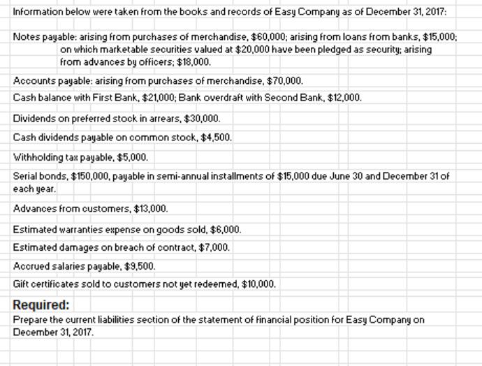 Information below were taken from the books and records of Easy Company as of December 31, 2017: Notes