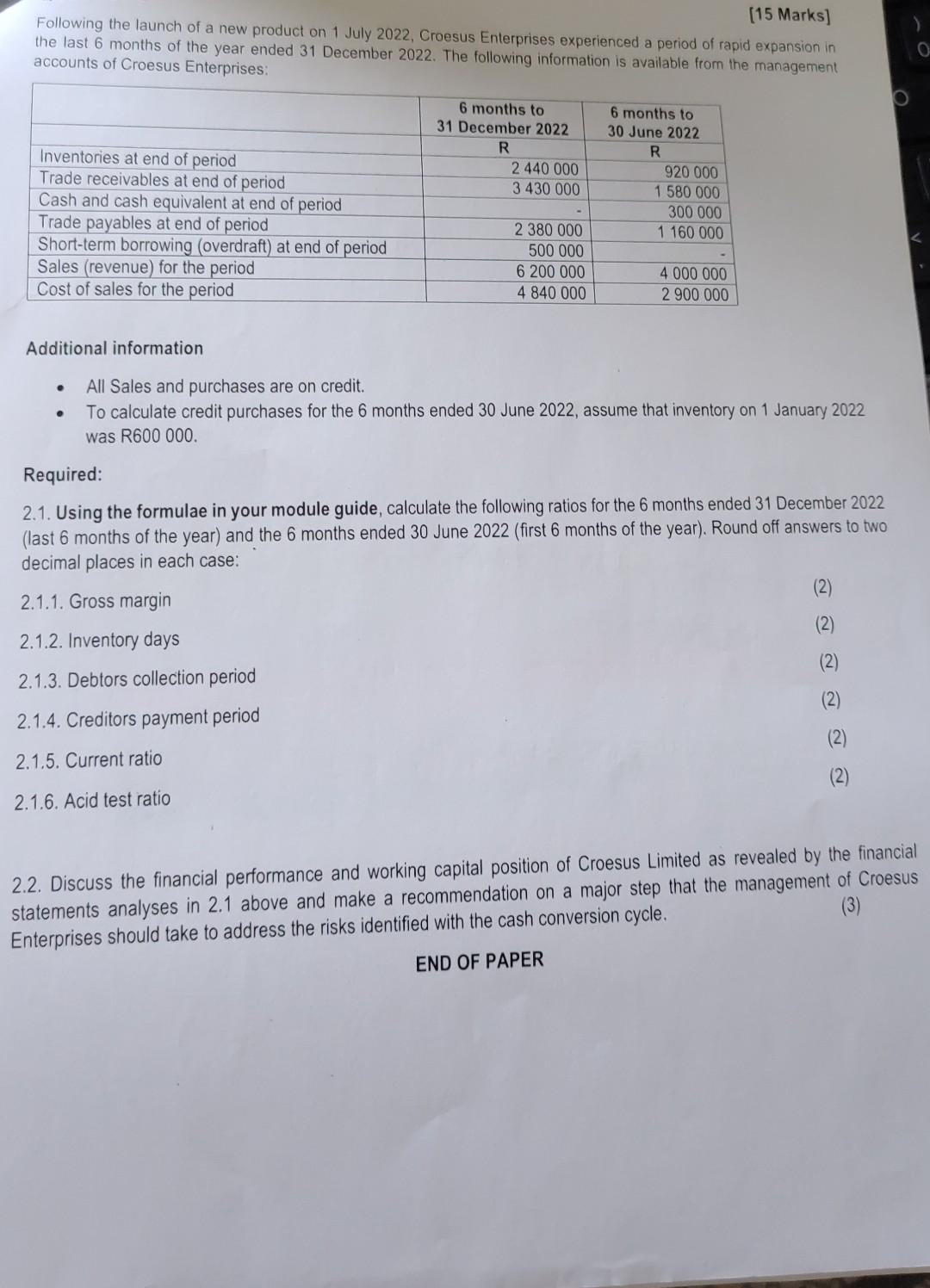 [15 Marks] Following the launch of a new product on 1 July 2022, Croesus Enterprises experienced a period of