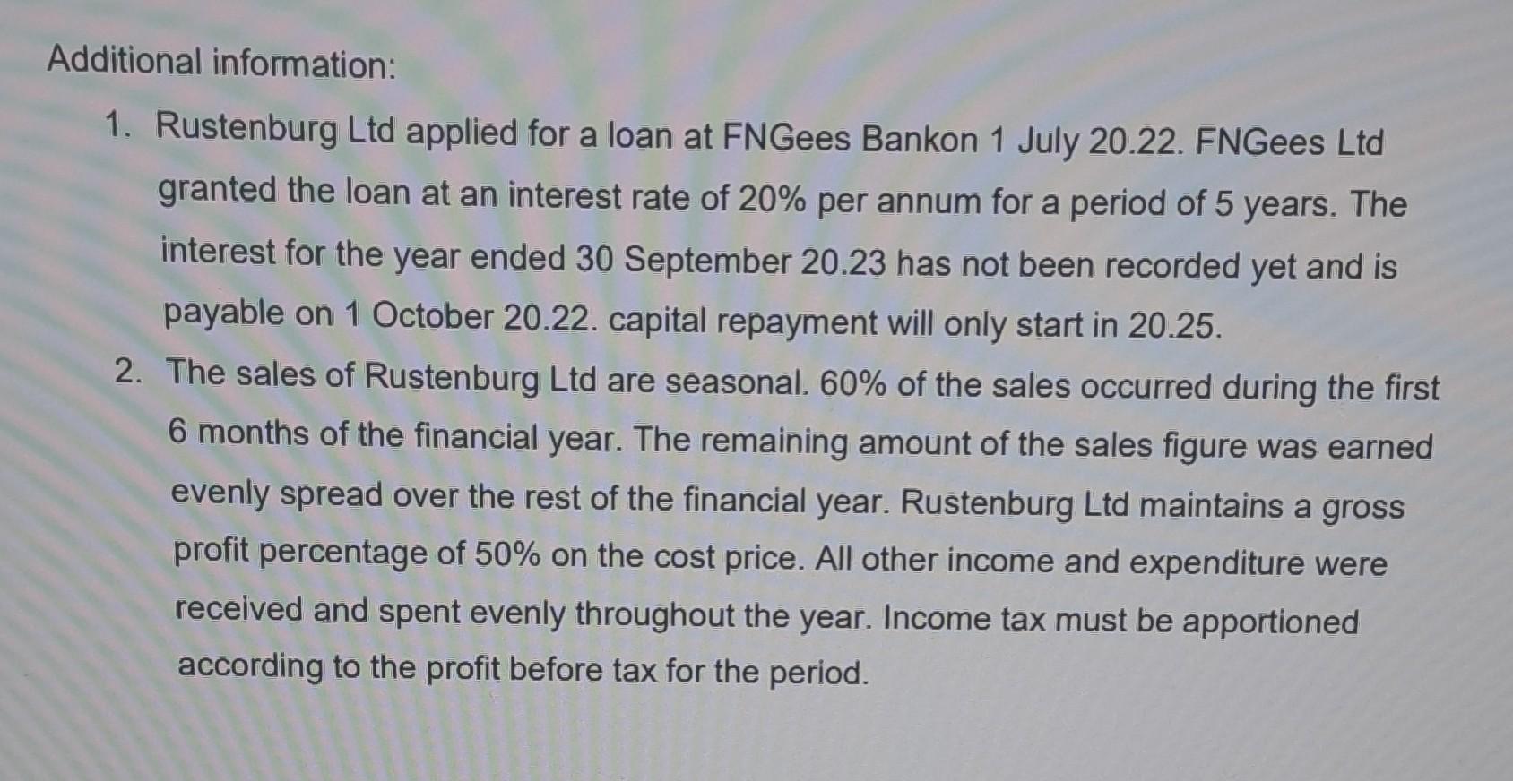 Additional information: 1. Rustenburg Ltd applied for a loan at FNGees Bankon 1 July 20.22. FNGees Ltd