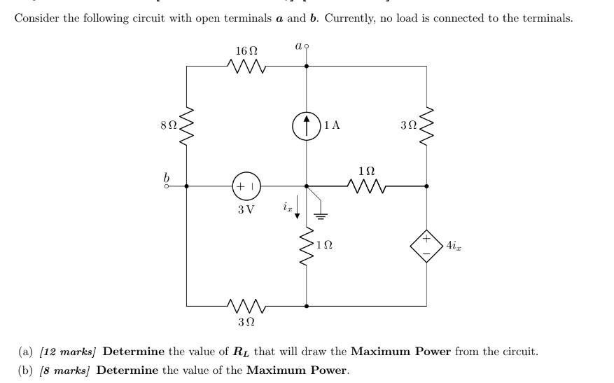 Consider the following circuit with open terminals a and b. Currently, no load is connected to the terminals.