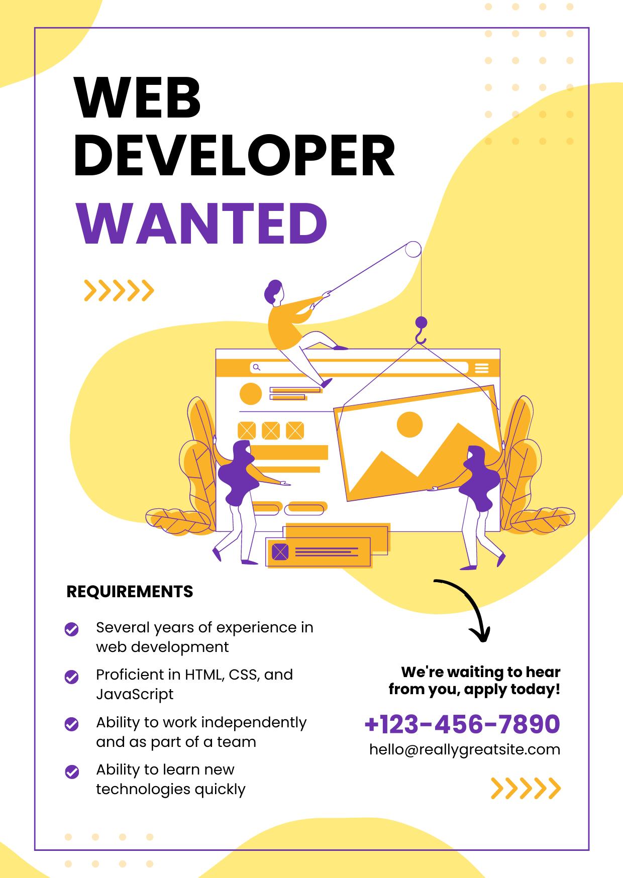 WEB DEVELOPER WANTED REQUIREMENTS a al Several years of experience in web development Proficient in HTML,
