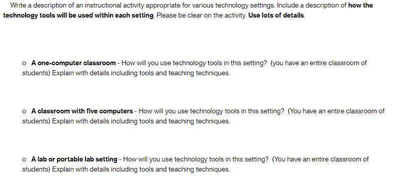 Write a description of an instructional activity appropriate for various technology settings. Include a