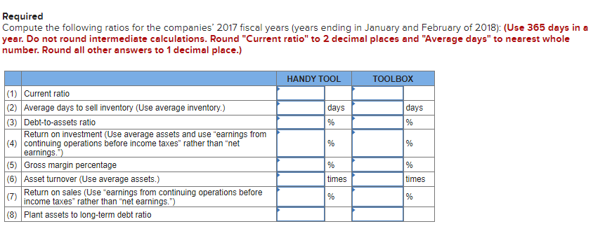 Required Compute the following ratios for the companies' 2017 fiscal years (years ending in January and