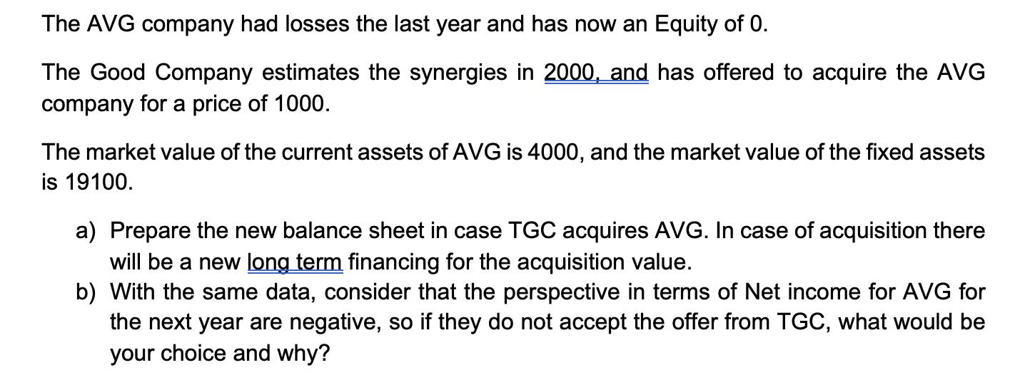 The AVG company had losses the last year and has now an Equity of 0. The Good Company estimates the synergies