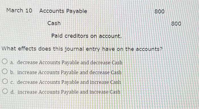 March 10 Accounts Payable Cash Paid creditors on account. What effects does this journal entry have on the