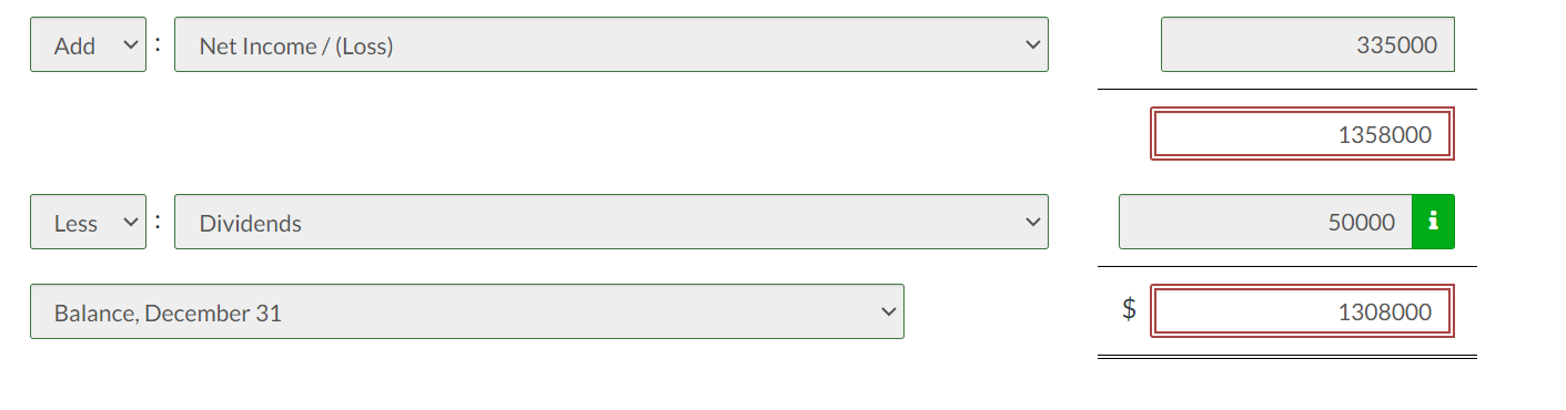 Add Less : Net Income /(Loss) : Dividends Balance, December 31 ta $ 335000 1358000 50000 i 1308000