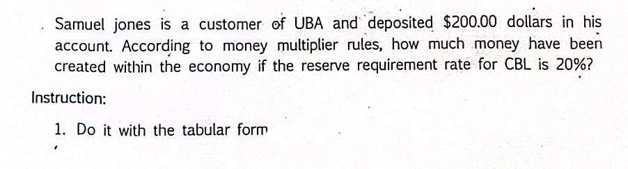 Samuel jones is a customer of UBA and deposited $200.00 dollars in his account. According to money multiplier