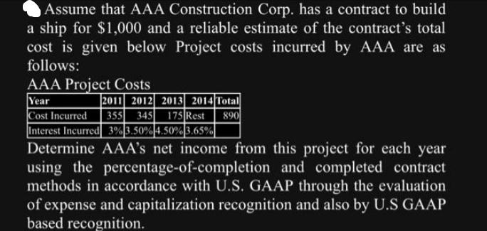 Assume that AAA Construction Corp. has a contract to build a ship for $1,000 and a reliable estimate of the