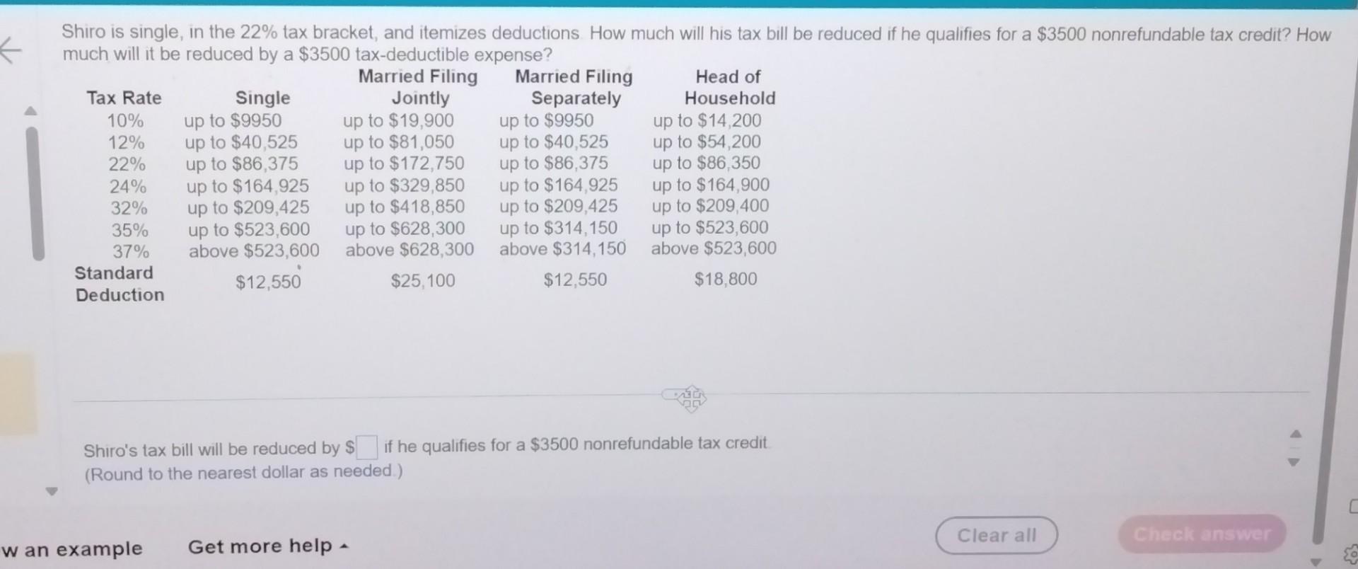 Shiro is single, in the 22% tax bracket, and itemizes deductions How much will his tax bill be reduced if he