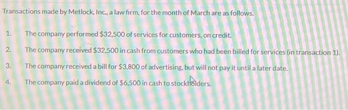 Transactions made by Metlock, Inc., a law firm, for the month of March are as follows. 1. The company
