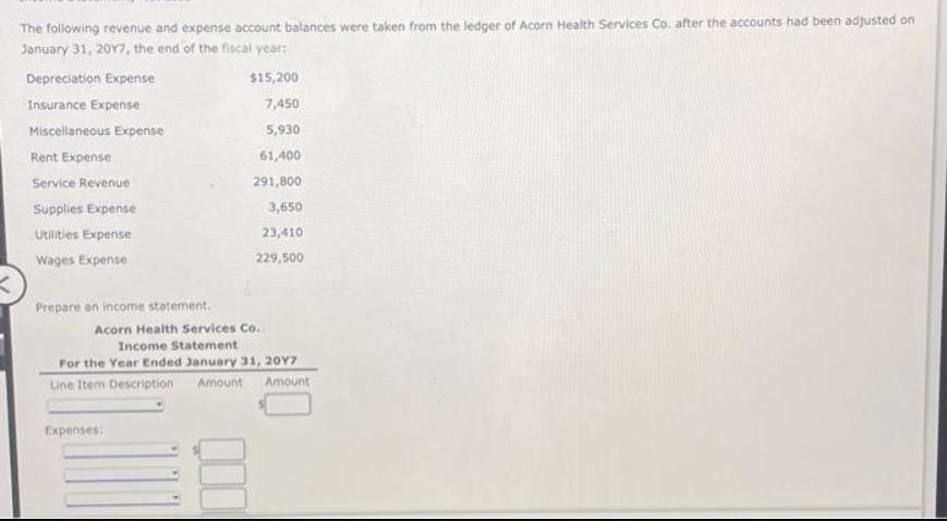 The following revenue and expense account balances were taken from the ledger of Acorn Health Services Co.