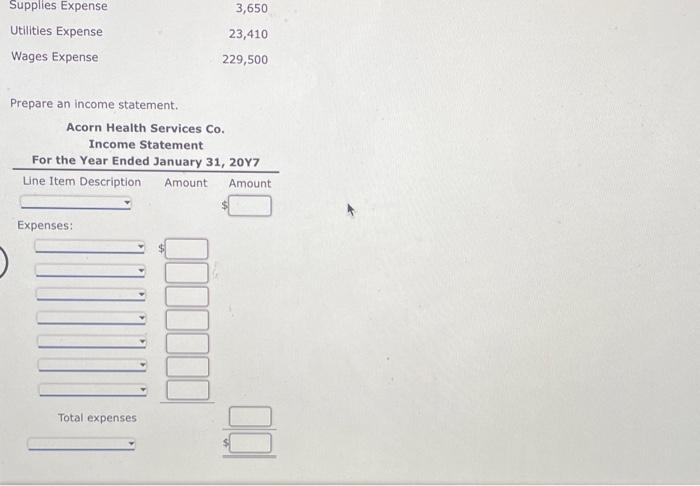 Supplies Expense Utilities Expense Wages Expense Prepare an income statement. Acorn Health Services Co.