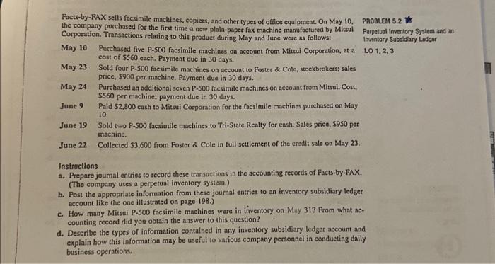 Facts-by-FAX sells facsimile machines, copiers, and other types of office equipment. On May 10, PROBLEM 5.2