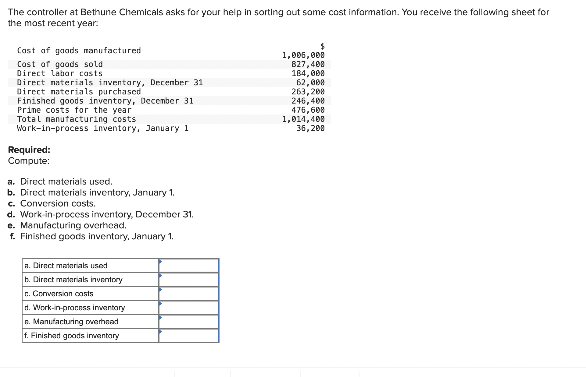 The controller at Bethune Chemicals asks for your help in sorting out some cost information. You receive the