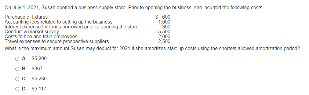 On July 1, 2021, Susan opened a business supply store. Prior to opening the business, she incurred the
