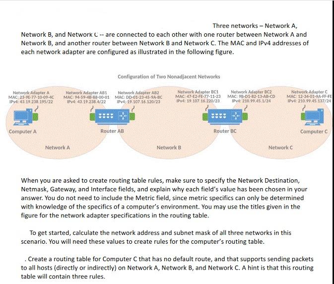 Three networks - Network A, Network B, and Network C -- are connected to each other with one router between