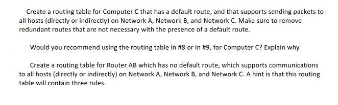 Create a routing table for Computer C that has a default route, and that supports sending packets to all