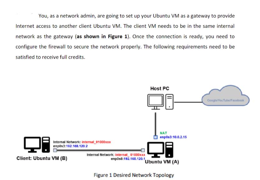 You, as a network admin, are going to set up your Ubuntu VM as a gateway to provide Internet access to
